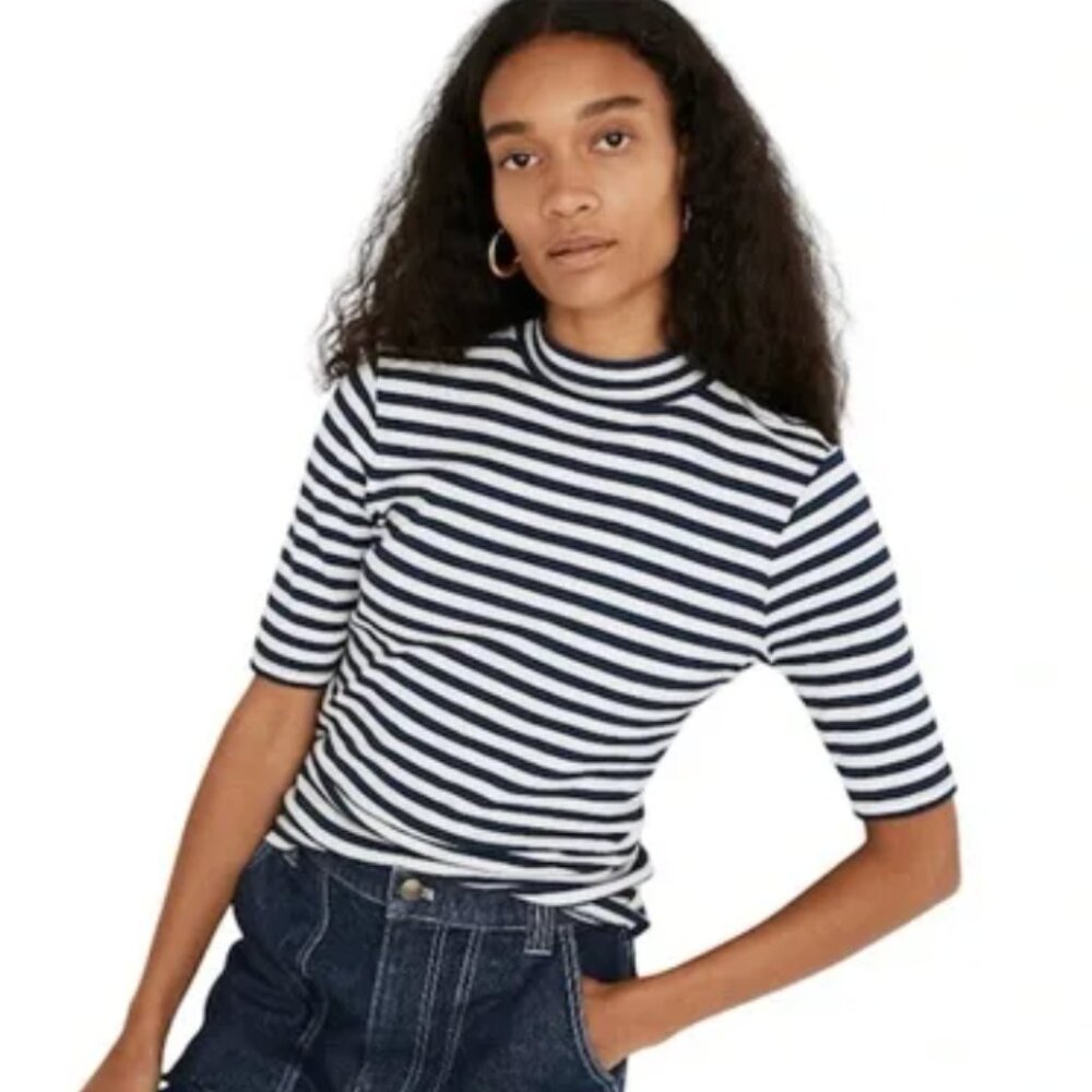 Madewell Drapey-Rib Mockneck Top in Stripe Classic Indigo Navy